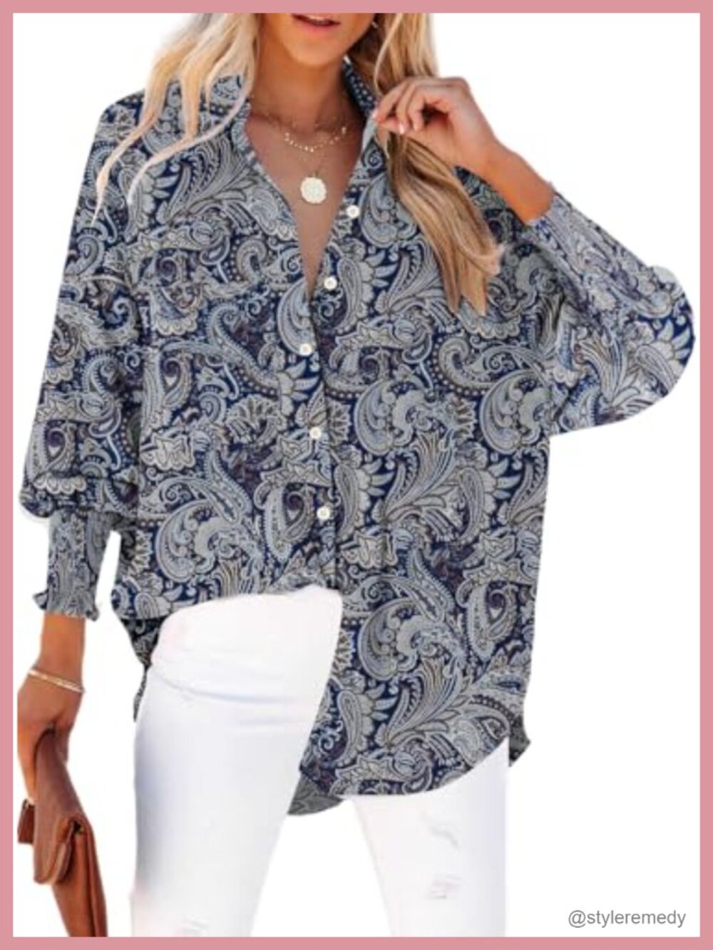 Womens Button Down Blouse Striped Smocked Cuffed Boyfriend Shirt